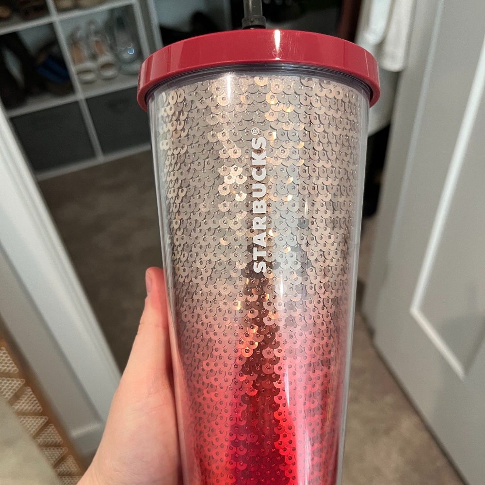 Starbucks 24 oz Red & Silver Ombre Sequin Tumbler